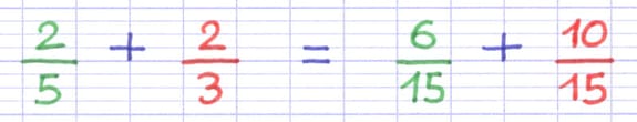 Addition de deux fractions partageant un dénominateur commun.