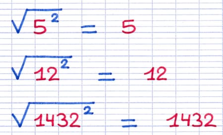 Exemples de simplification entre racine carrée et puissance carrée : √5² = 5, √12² = 12 et √1432² = 1432.