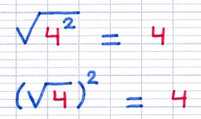 Exemples de simplification entre racines carrées et puissances carrées : √4² = 4 et (√4)² = 4.