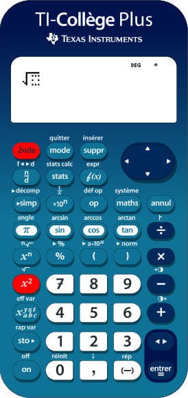 Calculatrice TI-Collège Plus avec les touches pour afficher le radical mises en évidence.