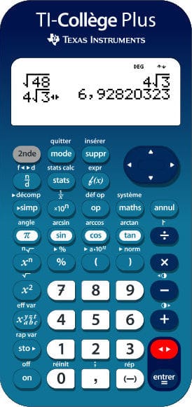 Calculatrice TI-Collège Plus avec la touche pour extraire la valeur approchée d’une racine carrée mise en évidence.
