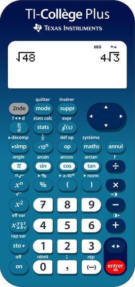 Calculatrice TI-Collège Plus avec la touche pour simplifier une racine carrée mise en évidence.