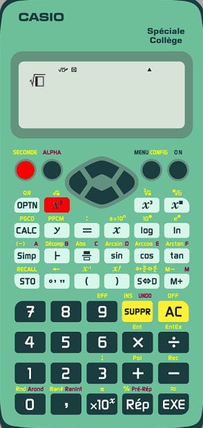 Calculatrice Casio fx-92+ avec la touche pour afficher le radical mise en évidence.