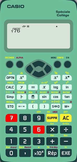 Calculatrice Casio fx-92+ avec les touches pour insérer le radicande mises en évidence.