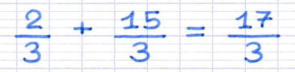 Résultat de l’addition des deux fractions : 2/3 + 15/3 = 17/3.