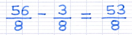Le résultat de la soustraction des deux fractions : 56/8 − 3/8 = 53/8.