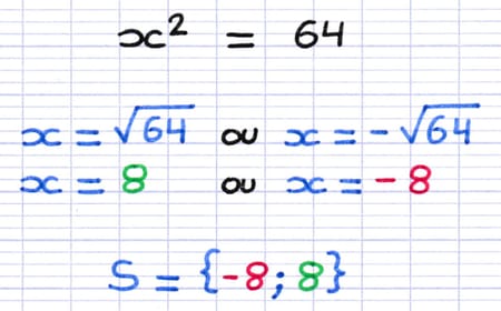 Cas particulier d’équation où l’inconnue au carré est égale à un carré parfait : x² = 64, S = {−8 ; 8}.