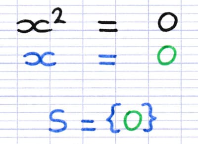 Cas particulier d’équation où l’inconnue au carré est égale à zéro : x² = 0 donc avec x = 0, S = {0}.