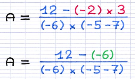 Multiplication effectuée au numérateur de la fraction : 12 − (−2) × 3 = 12 − (−6).
