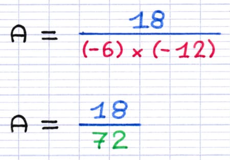 Le produit des deux nombres négatifs −6 et −12 donne un nombre positif : 72.