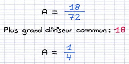 La fraction 18/72 est simplifiée par le plus grand diviseur commun 18 : 1/4.