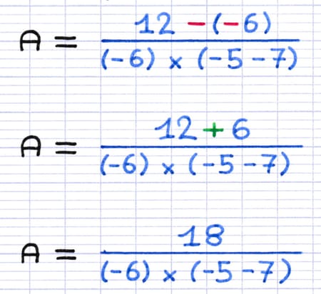 La soustraction au numérateur est transformée en addition : 12 − (−6) = 12 + 6 = 18.