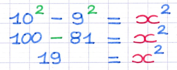 Les calculs sont effectués au sein de l’équation de Pythagore : 10² − 9² = x², 100 − 81 = x², 19 = x².