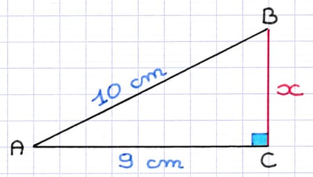 Triangle ABC rectangle en C dont on cherche à calculer la longueur BC.