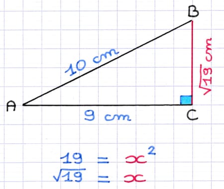 La longueur du côté BC du triangle rectangle est la solution de l’équation de Pythagore : √19 cm.