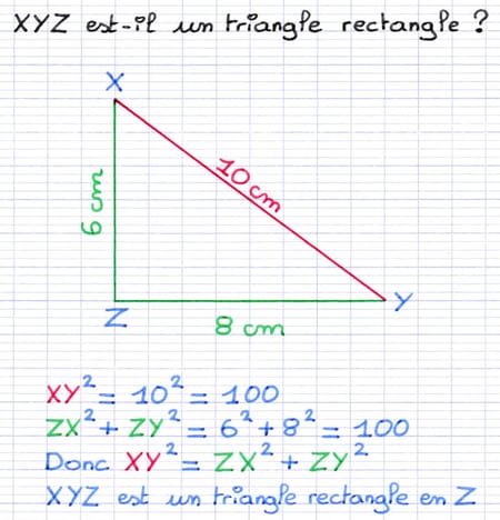 Exemple d’utilisation de la réciproque du théorème de Pythagore pour vérifier si le triangle XYZ est rectangle en Z.