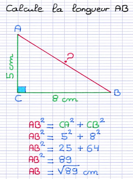 Exemple d’utilisation du théorème de Pythagore pour trouver la longueur AB du triangle rectangle ABC.