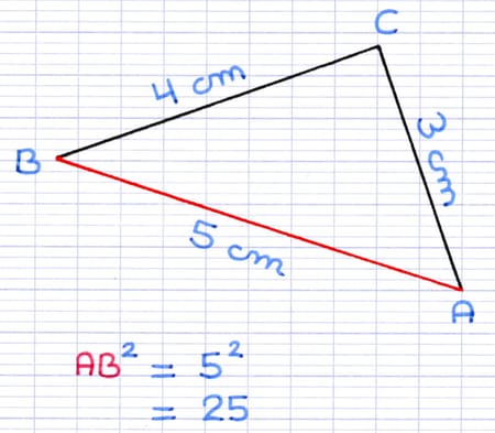 Le plus grand côté [AB] du triangle ABC est élevé au carré : AB² = 5² = 25.
