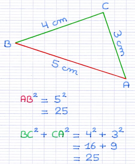 La somme des carrés des longueurs des deux autres côtés du triangle [BC] et [CA] est calculée : BC² + CA² = 4² + 3² = 16 + 9 = 25.