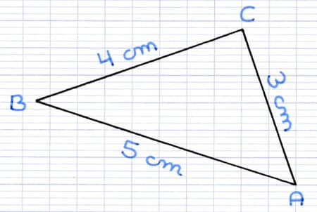 Triangle ABC sur lequel on va appliquer la réciproque du théorème de Pythagore pour démontrer s’il est rectangle.