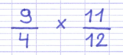 Multiplication des fractions 9/4 et 11/12.