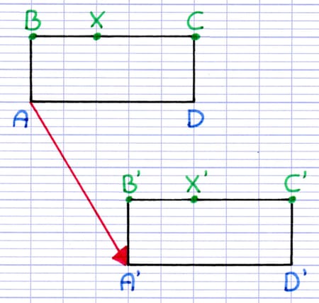 La translation a la propriété de conserver l’alignement des points : Les points B, X, C et leurs images B’, X’, C’ sont alignés.