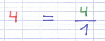 Le nombre entier 4 est transformé en la fraction 4/1.