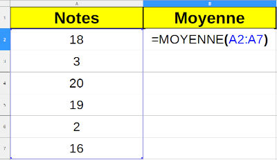 Animation du calcul de la moyenne avec la formule =MOYENNE(A2:A7) (tableur organisé en colonnes).