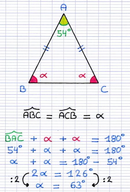 Calcul des angles à la base d’un triangle isocèle ABC : (180° − 54°) ÷ 2 = 63°.