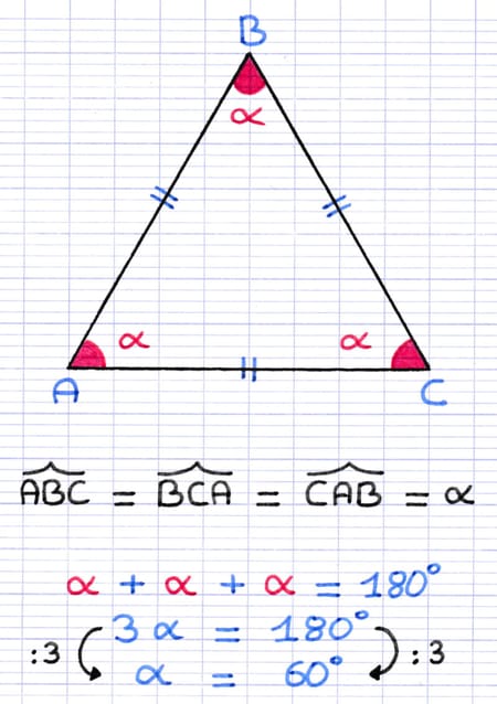 Triangle équilatéral ABC possédant des angles à la mesure identique.