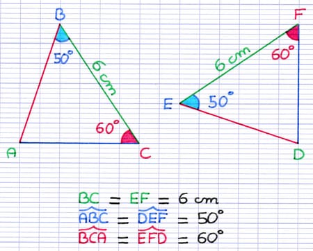 Cas d’égalité des triangles ACA (1 côté entre 2 angles) illustré par les triangles ABC et DEF.