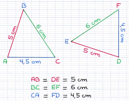 Cas d’égalité des triangles CCC (3 côtés) illustré par les triangles ABC et DEF.