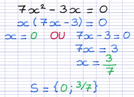 Équation du second degré 7x² − 3x = 0 factorisée en équation-produit : x(7x − 3) = 0 dont les solutions sont 0 et 3/7.