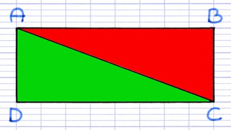 Deux triangles ABC et CDA dans un rectangle ABCD pour lesquels on souhaite démontrer qu’ils sont égaux.