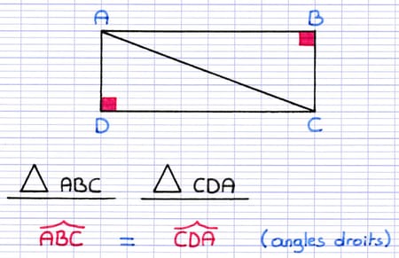 Mise en évidence d’une paire d’angles de même mesure au sein des deux triangles : ABC = CDA.