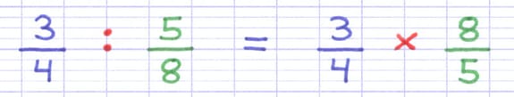 La division de 3/4 par 5/8 est transformée en une multiplication de 3/4 par 8/5.