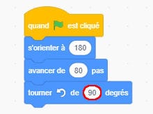 Script avec le bloc tourner dans le sens antihoraire de 90 degrés mis en évidence en dernière position.