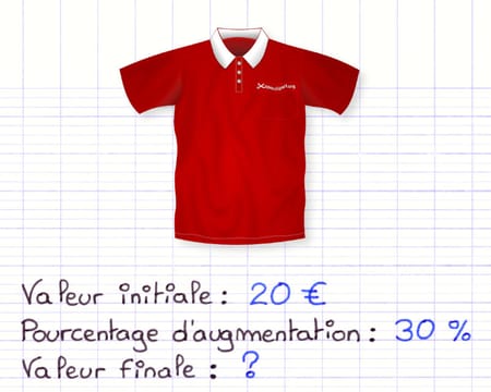 Polo rouge d’une valeur initiale de 20 € à partir duquel on souhaite appliquer un pourcentage d’augmentation de 30 %.