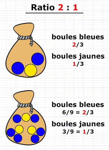 Sacs en ratio 2 : 1 dont la proportion est représentée par une fraction.