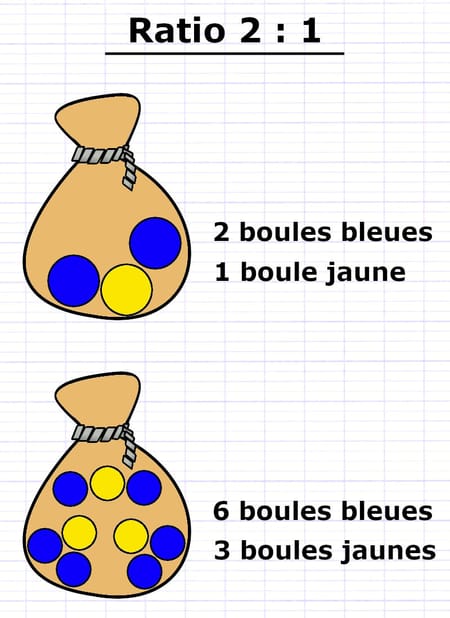 Deux sacs en ratio 2 : 1, l’un avec 2 boules bleues et 1 boule jaune, l’autre avec 6 boules bleues et 3 boules jaunes.