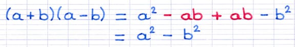 Identité remarquable réduite : (a + b)(a - b) = a² - ab + ab - b² = a² - b².