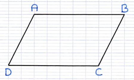 Parallélogramme ABCD dont on cherche à trouver les propriétés caractéristiques.