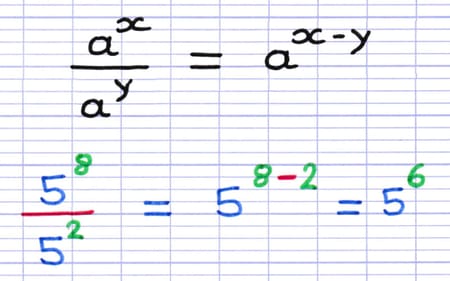 Quotient de puissances dont la base est identique : aˣ / aʸ = aˣ⁻ʸ (formule), 5⁸ / 5² = 5⁸⁻² = 5⁶ (exemple).