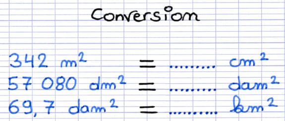 Unités d’aire à convertir dans un abaque : 342 m² en cm², 57 080 dm² en dam² et 69,7 dam² en km².