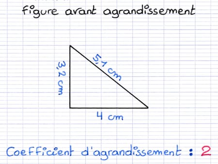 Triangle rectangle dont on souhaite calculer les longueurs après agrandissement de coefficient 2.