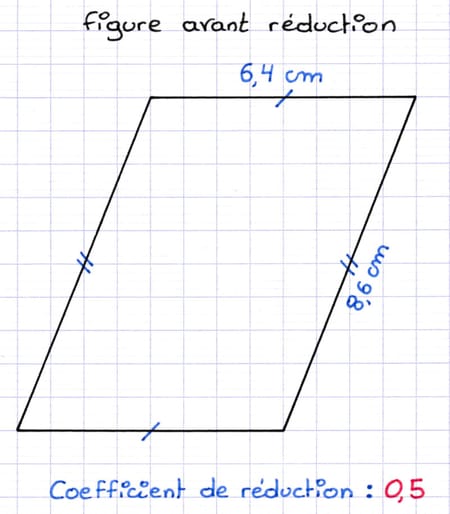Parallélogramme dont on souhaite calculer les longueurs après une réduction de coefficient 0,5.