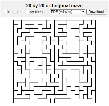 Labyrinthe orthogonal carré 20 par 20 généré aléatoirement sur Maze Generator.