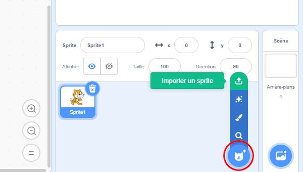 Interface Scratch pour importer un labyrinthe sous forme de sprite.
