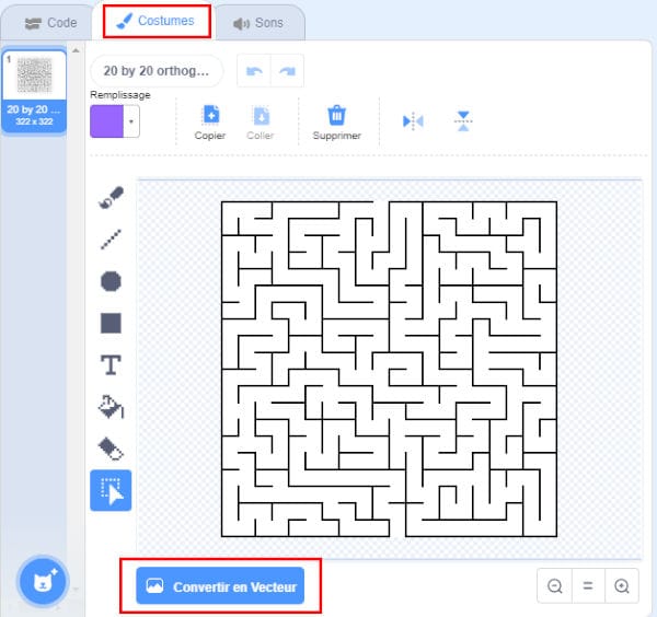 Le labyrinthe est converti en vecteur afin de pouvoir modifier ses dimensions.