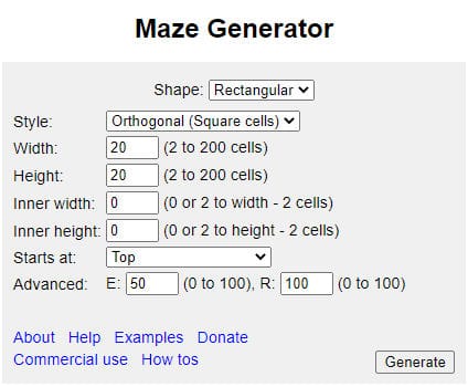 Paramètres de Maze Generator pour créer un labyrinthe : Shape, Style, Width, Height, Inner width, Inner height, Starts at et Advanced.